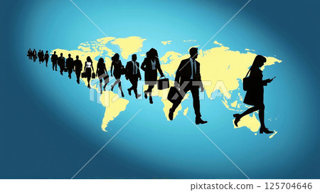 Different people walk across a world map, worldwide migration and flight due to economic reasons, crises, wars and environmental influences 125704646