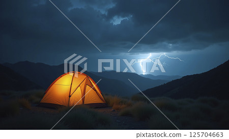 Illuminated camping tent at night with heavy thunderstorm and storm approaching, risk of severe weather and unprotected outdoor stay 125704663