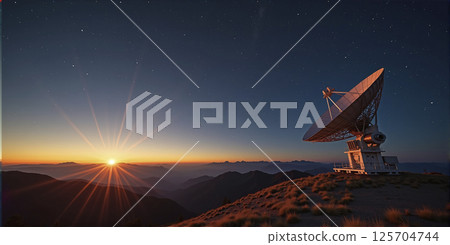 Landscape with radio telescopes on ground and satellites in starry night sky 125704744