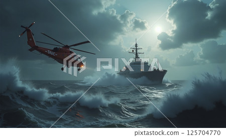Rescue and supply helicopter for assistance in emergencies on the high seas in stormy waves, emergency air rescue in the event of accidents 125704770