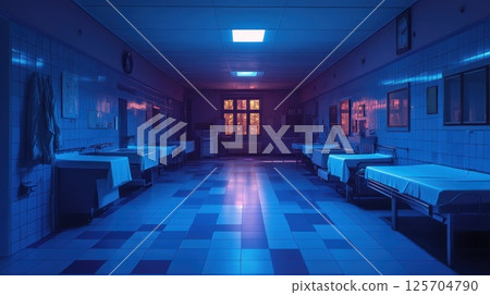 Empty Hospital Corridor at Night, Neon Lighting, Beds, Windows 125704790