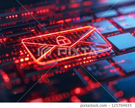 A futuristic digital corridor with glowing red email icons and binary code, representing data transmission and communication technology. 125704935
