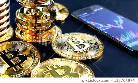 Golden bitcoin coins stacking near smartphone displaying cryptocurrency market rates, representing digital finance and trading trends Golden bitcoin coins stacking near smartphone displaying cryptocurrency market rates, representing digital finance and trading trends 125704974