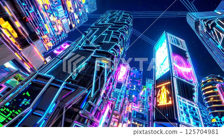 Neon lit skyscrapers glowing against night skyline, digital billboards pulsing with color, capturing metropolitan energy and technological vibrancy Neon lit skyscrapers glowing against night skyline, digital billboards pulsing with color, capturing metropolitan energy and technological vibrancy 125704981
