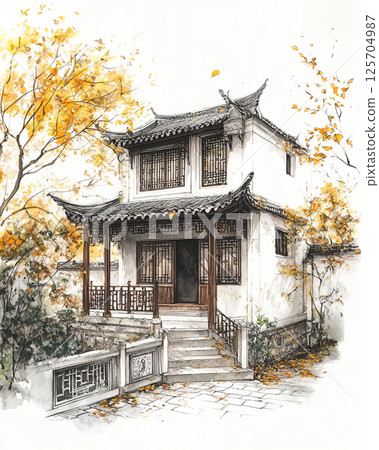 A traditional Chinese house with intricate wooden details, autumnal yellow foliage, tiled roof, and a stone path, exuding cultural charm and tranquility. 125704987