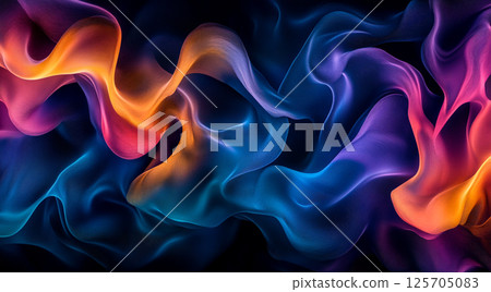 A dynamic, fluid wave of colors blending seamlessly from blue to purple to orange against a dark background, creating a visually striking and modern digital artwork. A dynamic, fluid wave of colors blending seamlessly from blue to purple to orange against a dark background, creating a visually striking and modern digital artwork. 125705083