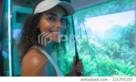 Woman smiling in golf simulator with tropical course projection Woman smiling in golf simulator with tropical course projection 125705107