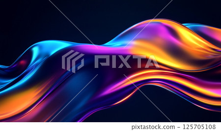 A dynamic, fluid wave of colors blending seamlessly from blue to purple to orange against a dark background, creating a visually striking and modern digital artwork. 125705108