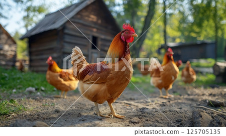 Chickens roam freely in a rustic farm setting on a sunny day 125705135