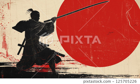 A silhouette of a samurai holding a katana stands against a red and white abstract background, evoking a sense of traditional Japanese culture and artistry. 125705226