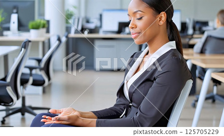 Professional woman meditating at contemporary workspace, cultivating inner calm and focus while surrounded by professional environment, reducing workplace stress through mindful practice 125705229