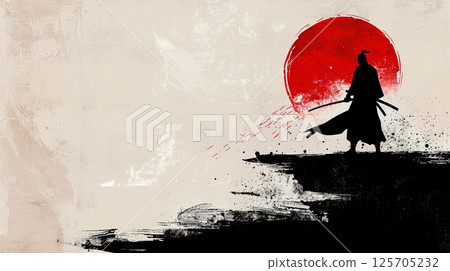 A silhouette of a samurai holding a katana stands against a red and white abstract background, evoking a sense of traditional Japanese culture and artistry. 125705232