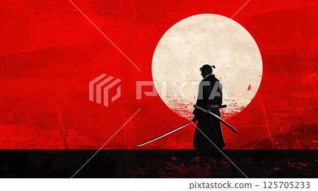 A silhouette of a samurai holding a katana stands against a red and white abstract background, evoking a sense of traditional Japanese culture and artistry. A silhouette of a samurai holding a katana stands against a red and white abstract background, evoking a sense of traditional Japanese culture and artistry. 125705233