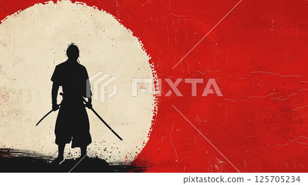 A silhouette of a samurai holding a katana stands against a red and white abstract background, evoking a sense of traditional Japanese culture and artistry. 125705234