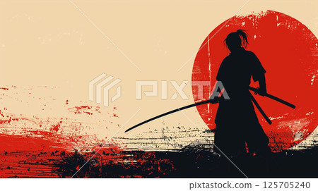 A silhouette of a samurai holding a katana stands against a red and white abstract background, evoking a sense of traditional Japanese culture and artistry. 125705240