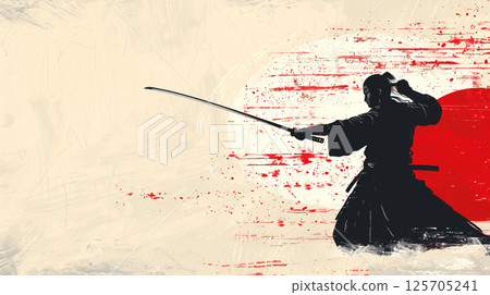 A silhouette of a samurai holding a katana stands against a red and white abstract background, evoking a sense of traditional Japanese culture and artistry. 125705241