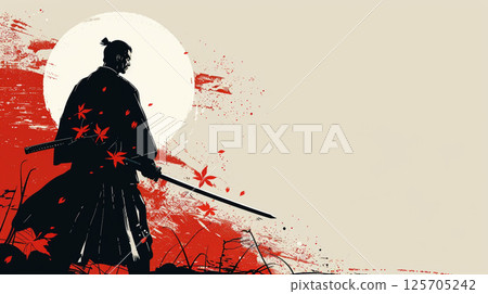 A silhouette of a samurai holding a katana stands against a red and white abstract background, evoking a sense of traditional Japanese culture and artistry. 125705242