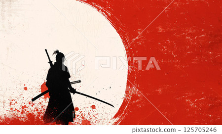 A silhouette of a samurai holding a katana stands against a red and white abstract background, evoking a sense of traditional Japanese culture and artistry. A silhouette of a samurai holding a katana stands against a red and white abstract background, evoking a sense of traditional Japanese culture and artistry. 125705246