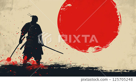 A silhouette of a samurai holding a katana stands against a red and white abstract background, evoking a sense of traditional Japanese culture and artistry. A silhouette of a samurai holding a katana stands against a red and white abstract background, evoking a sense of traditional Japanese culture and artistry. 125705248