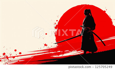 A silhouette of a samurai holding a katana stands against a red and white abstract background, evoking a sense of traditional Japanese culture and artistry. A silhouette of a samurai holding a katana stands against a red and white abstract background, evoking a sense of traditional Japanese culture and artistry. 125705249
