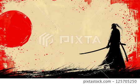 A silhouette of a samurai holding a katana stands against a red and white abstract background, evoking a sense of traditional Japanese culture and artistry. 125705250
