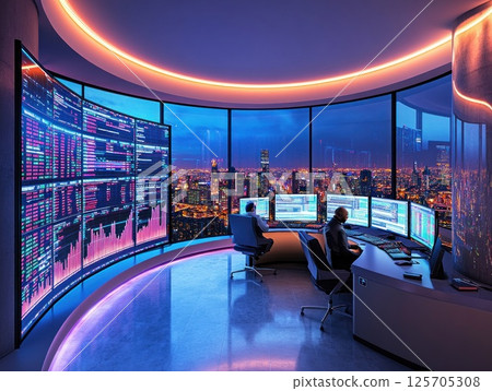 Futuristic Tech Control Room with City View Futuristic Tech Control Room with City View 125705308