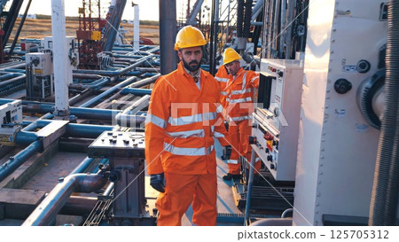 Oil workers in orange uniforms, yellow hardhats checking pump station at sunset, reviewing control panel graphs, examining pipes for operational efficiency 125705312