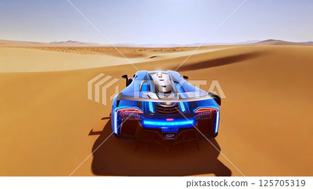 Futuristic electric sports car racing across sand dunes in a vast desert landscape, highlighting innovative design and thrilling speed under the bright sunlight Futuristic electric sports car racing across sand dunes in a vast desert landscape, highlighting innovative design and thrilling speed under the bright sunlight 125705319