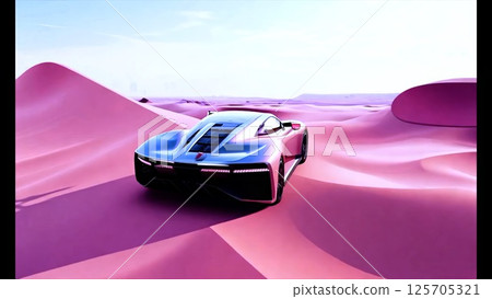 Sleek electric supercar gliding across vibrant pink sand dunes, highlighting cutting edge automotive design against pristine desert wilderness 125705321