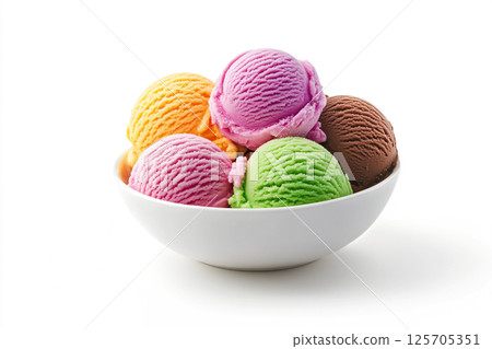 A white bowl filled with scoops of colorful ice cream in various flavors, including pink, yellow, orange, green, and brown, arranged in an appealing manner. Isolated on white background.  125705351