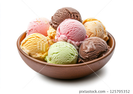 A white bowl filled with scoops of colorful ice cream in various flavors, including pink, yellow, orange, green, and brown, arranged in an appealing manner. Isolated on white background.  125705352