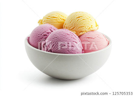 A white bowl filled with scoops of colorful ice cream in various flavors, including pink, yellow, orange, green, and brown, arranged in an appealing manner. Isolated on white background.  125705353