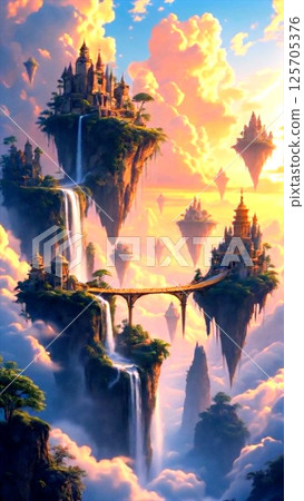 Floating castles perched on cliffs with cascading waterfalls under vibrant clouds. Floating structures and majestic castles surrounded by waterfalls create surreal fantasy atmosphere blending nature  125705376