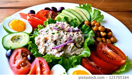 Nutrient rich tuna salad presenting crisp lettuce, ripe tomato slices, halved boiled egg, creamy avocado, hearty chickpeas, black olives on pristine white plate against rustic wooden backdrop 125705384