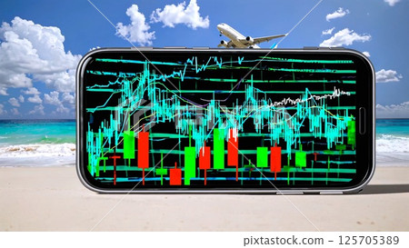 Aerial view of smartphone displaying stock market graph, passing airplane, turquoise tropical beach background, symbolizing digital nomad lifestyle and financial mobility 125705389