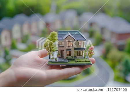 A hand holds a detailed miniature model of a modern two-story house with a blurred background of similar houses, suggesting a real estate or architectural concept. 125705406