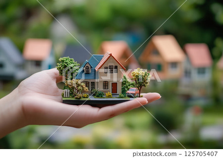 A hand holds a detailed miniature model of a modern two-story house with a blurred background of similar houses, suggesting a real estate or architectural concept. 125705407