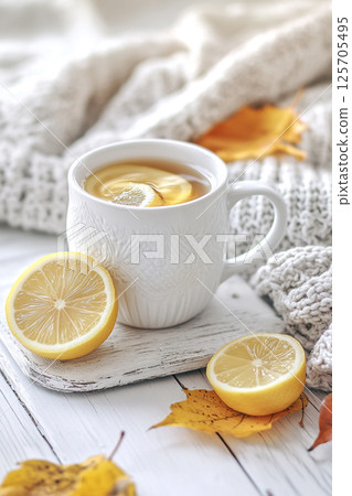 A cozy scene featuring a cup of tea with a lemon slice, surrounded by a knitted blanket and autumn leaves. 125705495