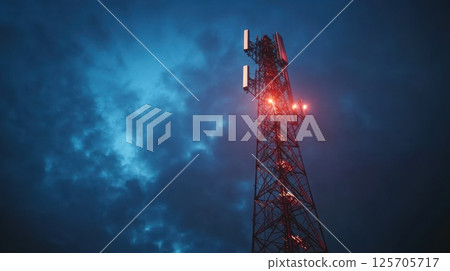 Nighttime view of a telecommunication tower against stormy sky 125705717
