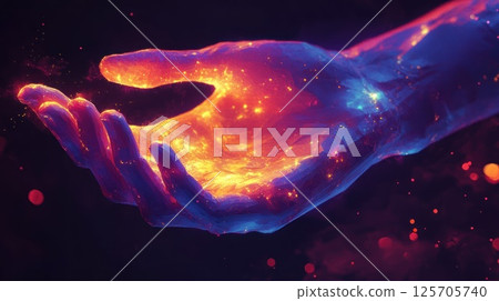 Radiant hand glowing with fire in the cosmos 125705740