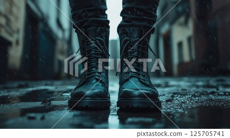 Rainy City Street, Person in Black Boots, Urban Scene 125705741