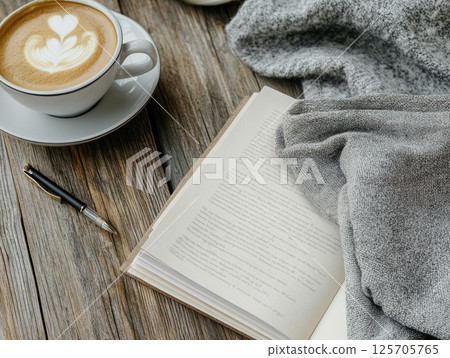 Latte, book, and cozy grey blanket on rustic wood 125705765