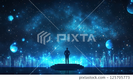 Man Contemplating Cosmic Cityscape at Night 125705773