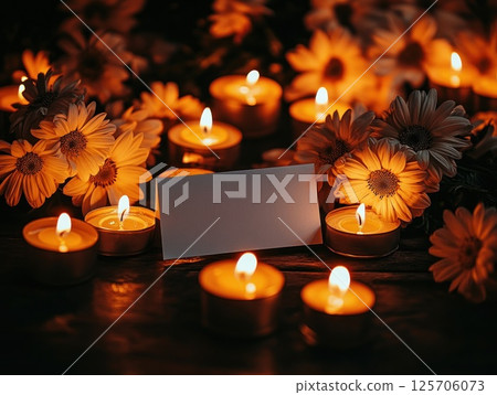 Remembrance candles, flowers, and blank card on wooden table at night 125706073