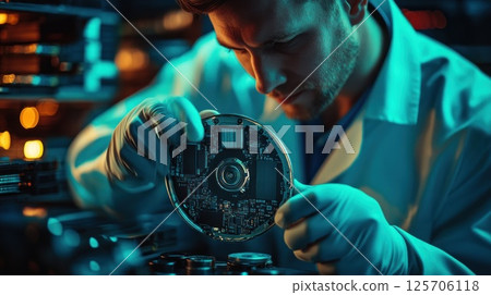 Technician examining circuit board in a tech lab 125706118