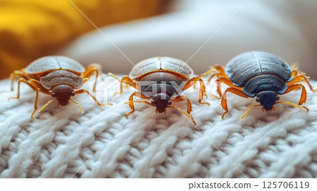 Three bed bugs on knitted fabric indoors 125706119