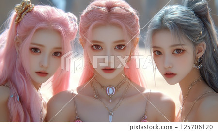 Three women with pastel hair, desert setting,  fashion photoshoot 125706120