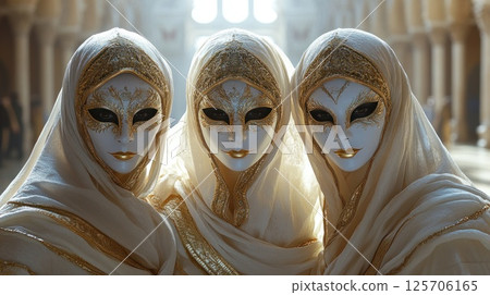 Venetian masked women, cathedral background, closeup portrait Venetian masked women, cathedral background, closeup portrait 125706165