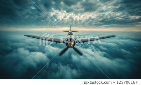 Vintage Airplane Soaring Above Dramatic Clouds 125706167