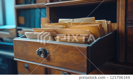 Vintage wooden filing cabinet drawer open, filled with old documents, historical archive 125706169
